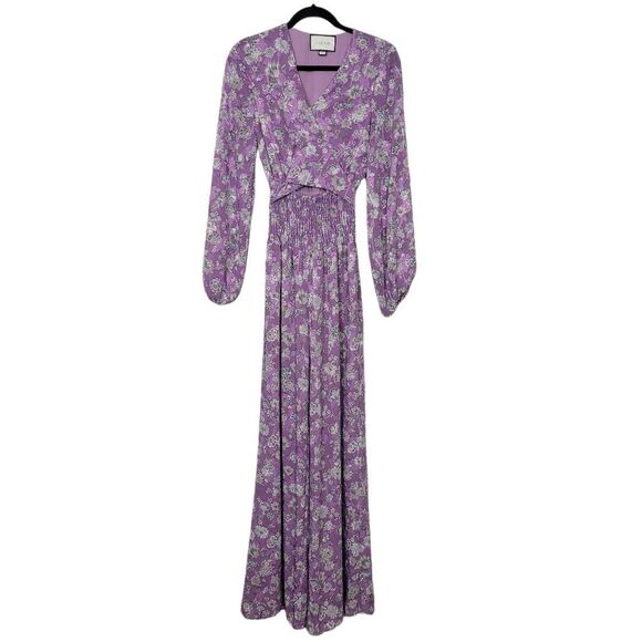 ALEXIS Shanice Lavender Floral Wrap Jumpsuit Sz XS Cutout Long Sleeve Wide Leg - Picture 2 of 12